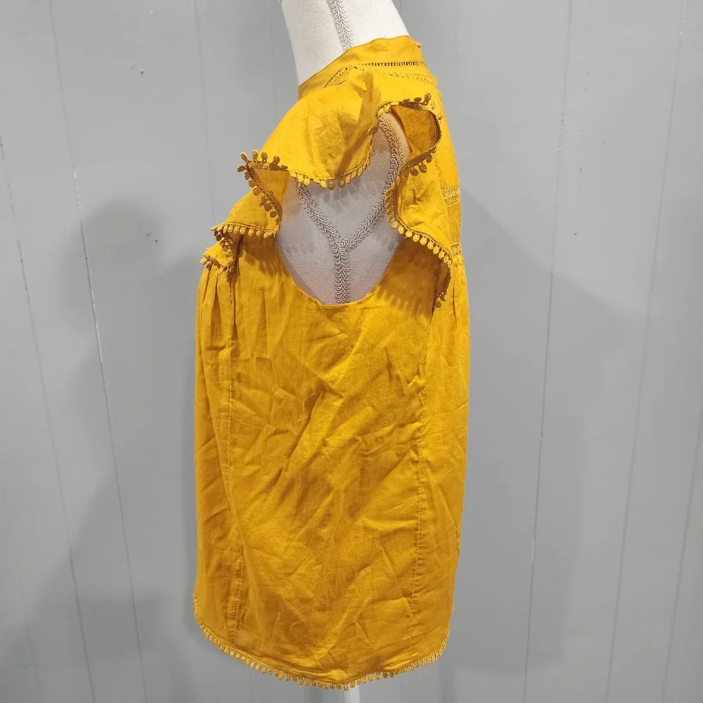 J Crew Yellow Smocked Crew Neck Puff Sleeve Shirred Cotton T-shirt XS